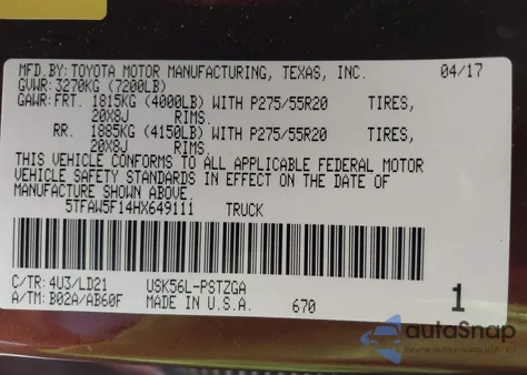 2017 Toyota Tundra 1794 5.7L V8 z USA, uszkodzony, nr VIN 5TFAW5F14HX649111